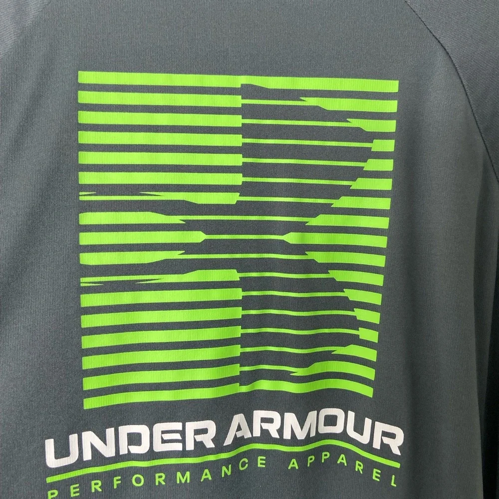 EUC Under Armour boy’s dark gray neon green logo decal short sleeve active shirt
